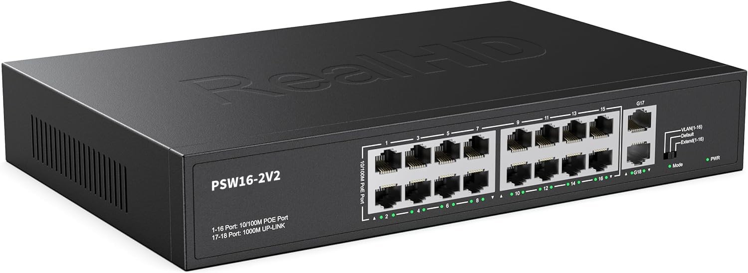16 Port PoE Switch, High Power 300W, 16 PoE+ 100Mbps Ports with 2 Gigabit Upl...