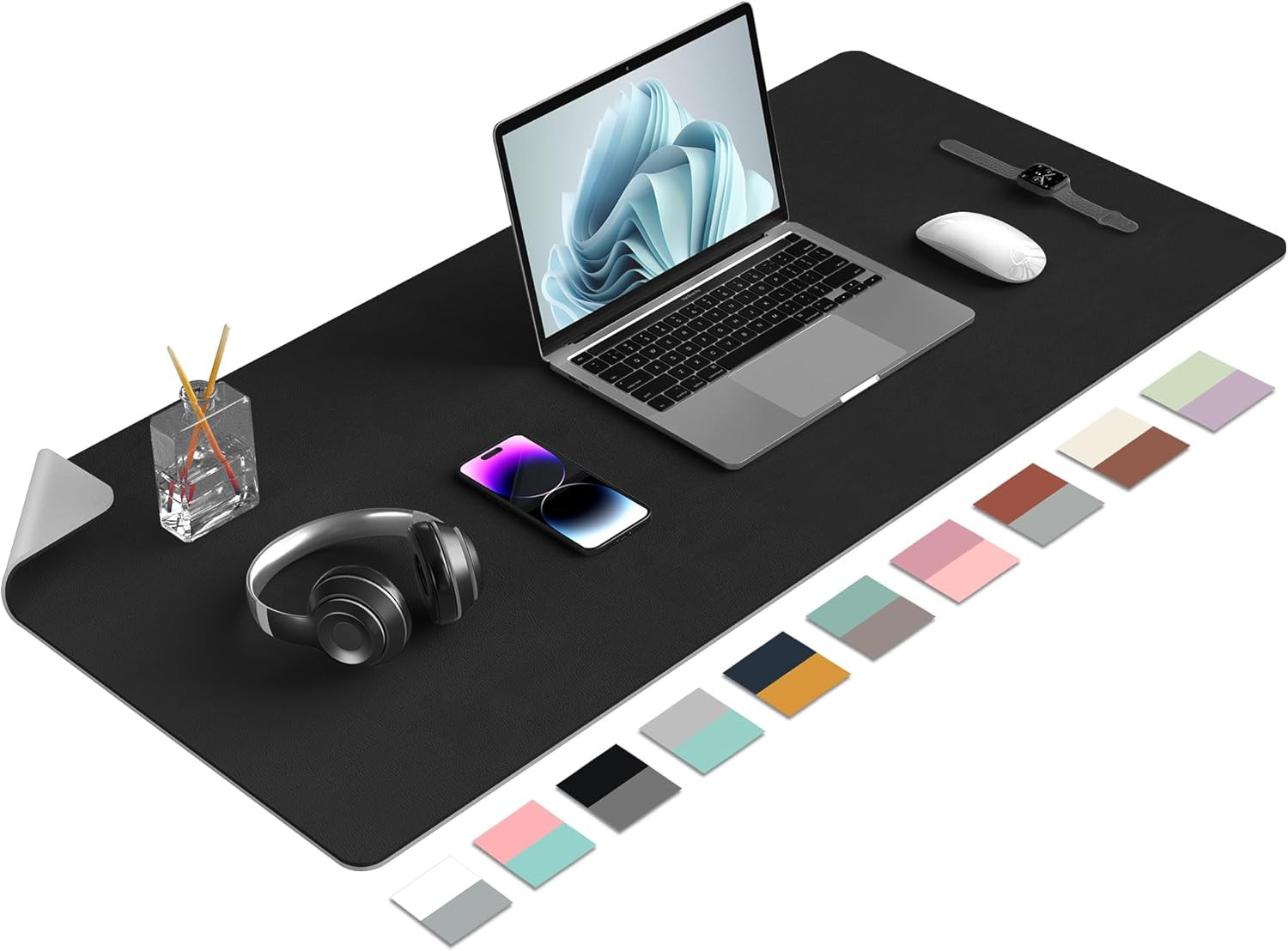PU Leather Desk Pad 36" x 17" Black Double-Sided Non-Slip Waterproof