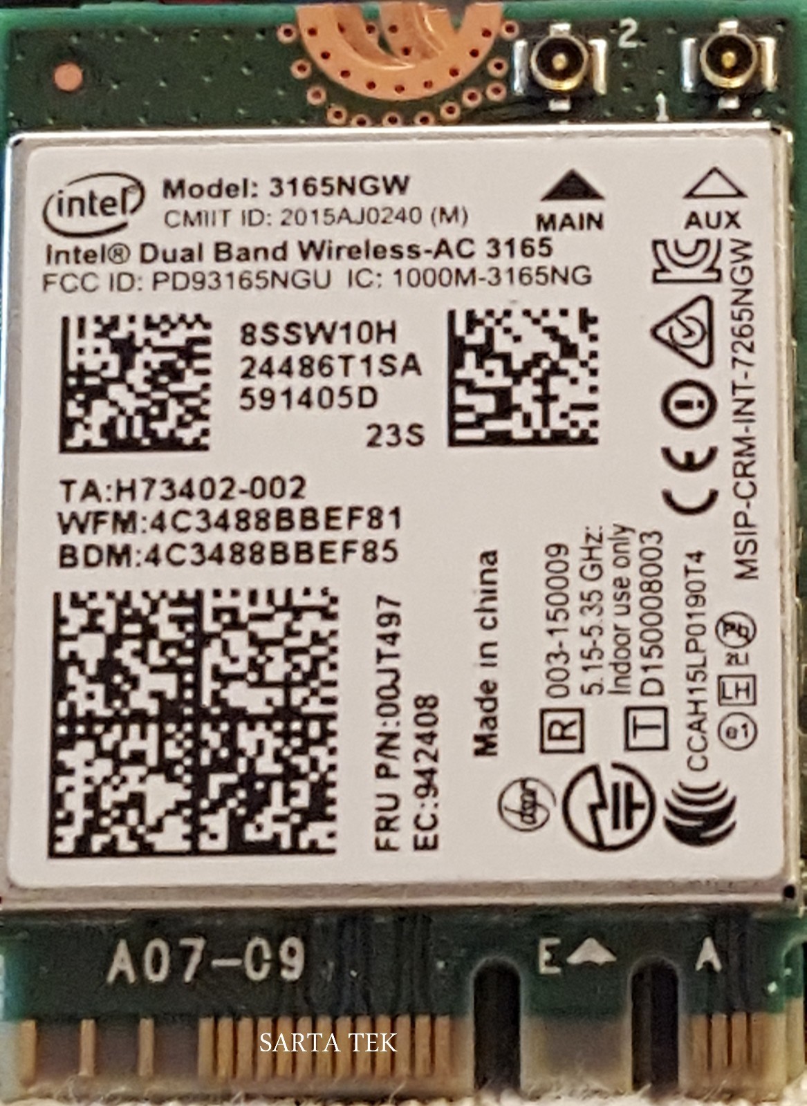 New Lenovo OEM 8SSW10H Intel Dual Band Wireless-AC 3165 3165NGW BT NGFF 00JT497