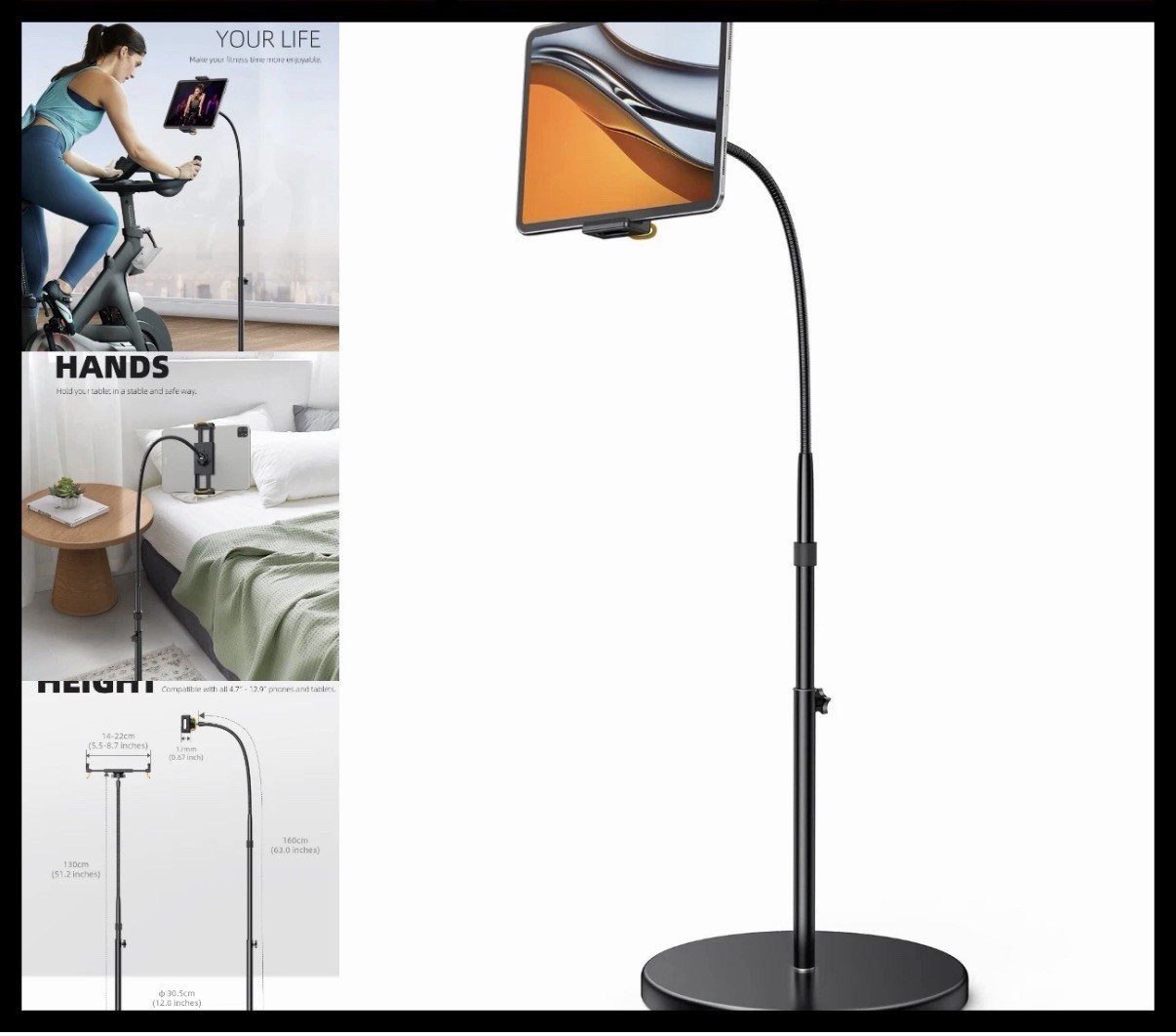 Lamicall FT01 Tablet Floor Stand Gooseneck 63in Adjustable Black Metal 4.7-13"