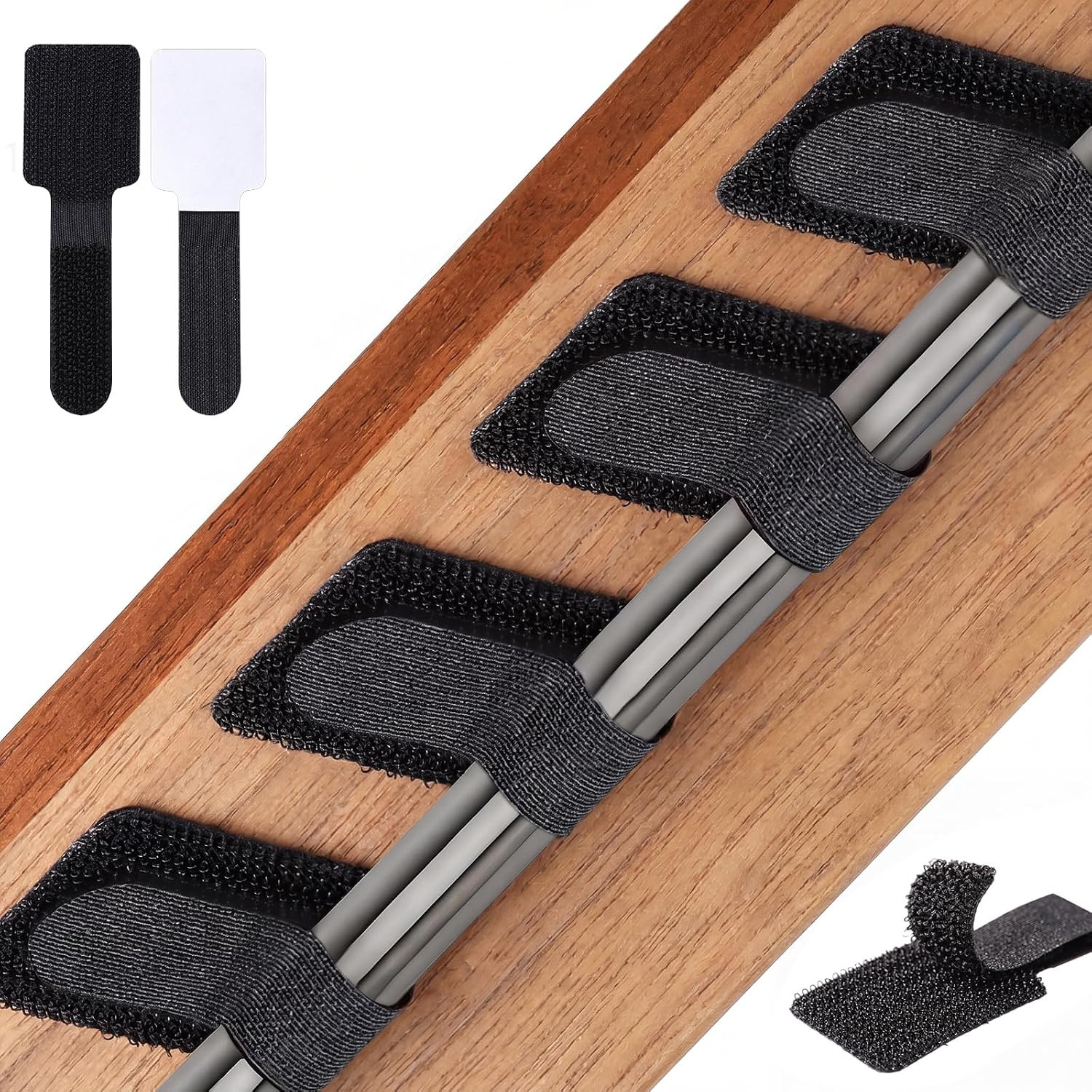 100 Pcs Cable Management under Desk, Hook and Loop Cable Straps, Black | Strong