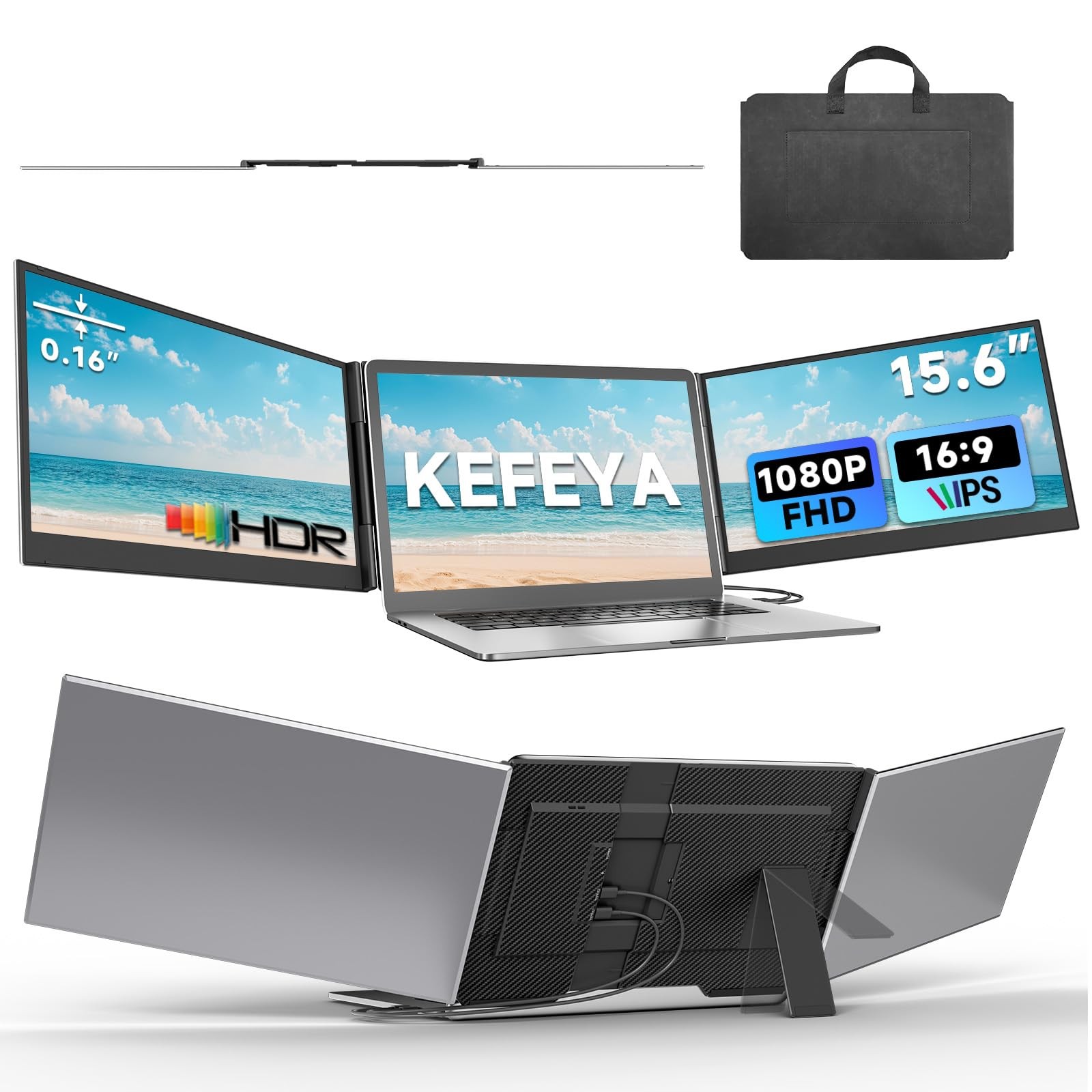 KEFEYA Laptop Screen Extender 15.6", 1080P FHD 15.6" Triple Monitor, Black