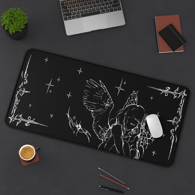 Cybersigilism Angel Stars Desk Mat, Mystical Futuristic Workspace Mouse Pad