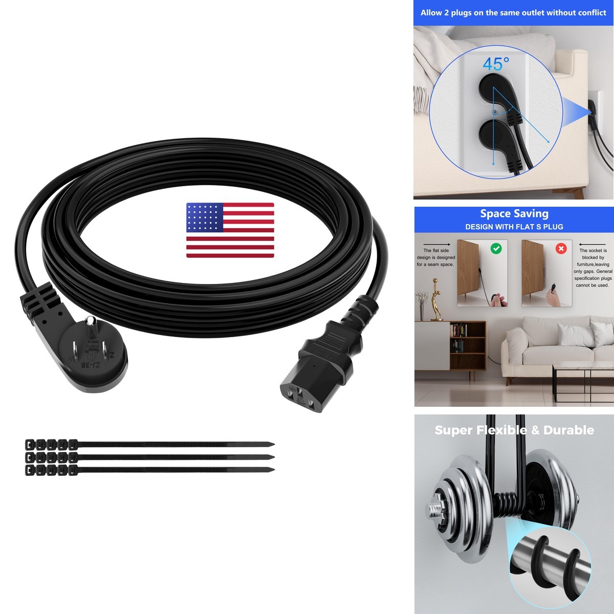 Elecan 3 Prong Power Cord 75 FT 45° Angled Plug 18AWG 125V 10A for Appliance PC
