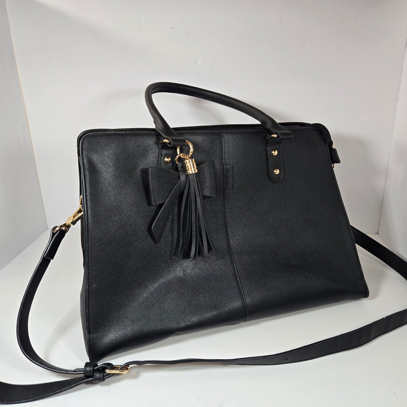 ECOSUSI Black Vegan Leather Laptop Briefcase Bag with Bow and Tassel Accent Mens