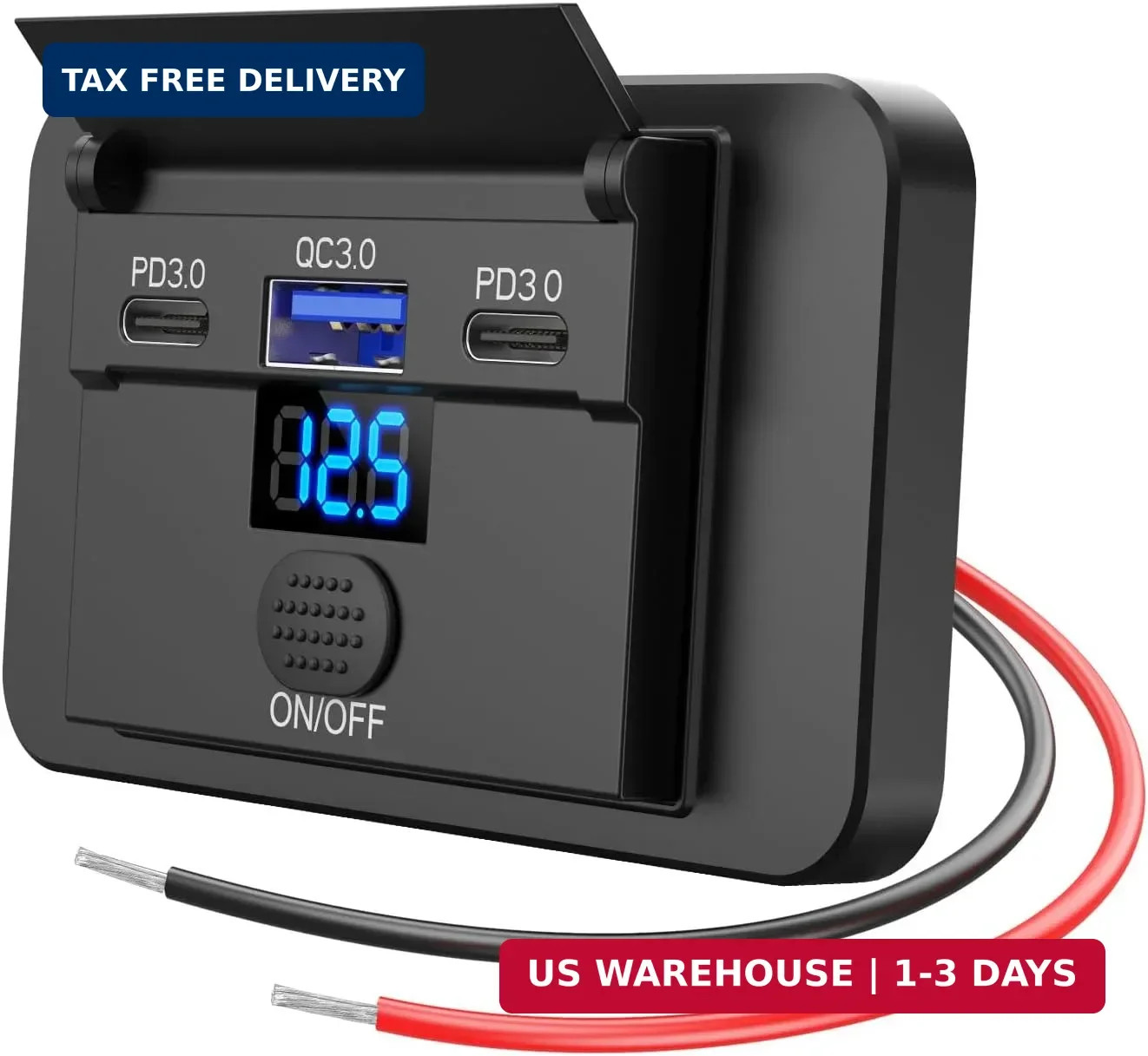 3 Port 12V USB Outlet Surface Mount Lightweight with Voltmeter, Dual USB C 30W a