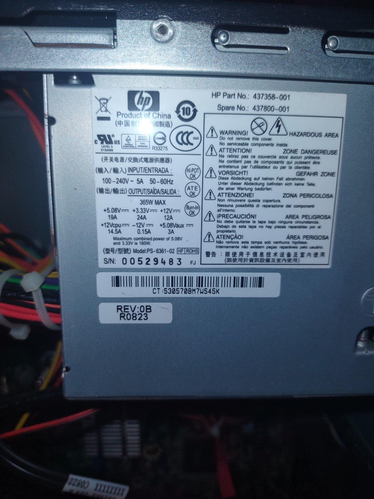 HP Compaq DC7800 365W Power Supply Unit 437358-001 437800-001
