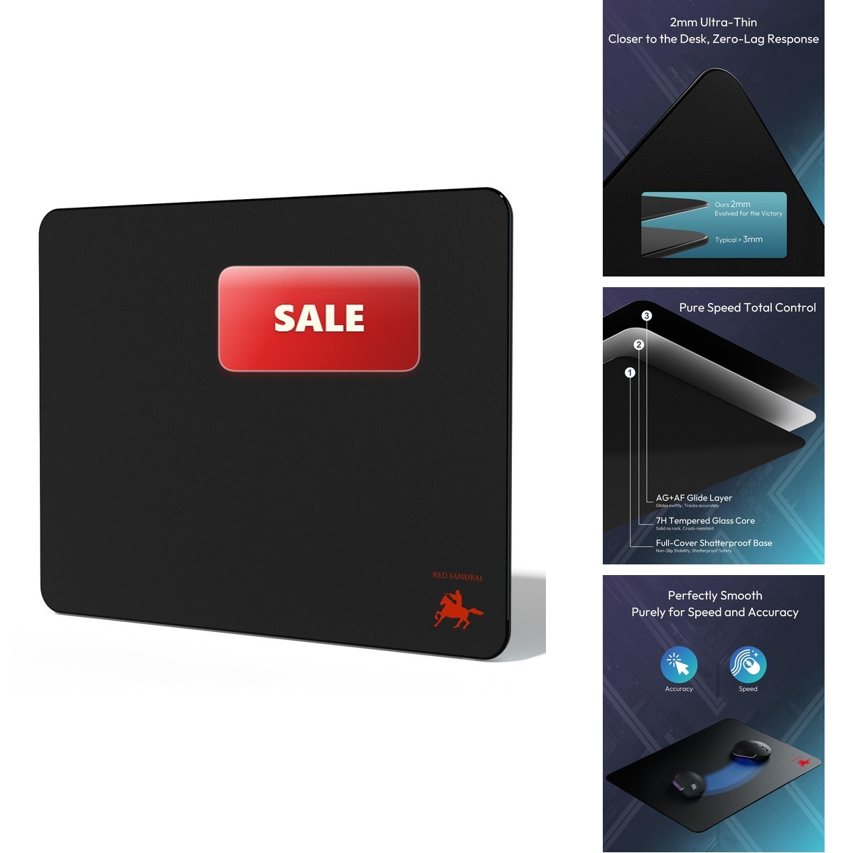RED SAMURAI Tempered Glass Gaming Mouse Pad 16.1" x 12.2" Fast Glide Non-Slip