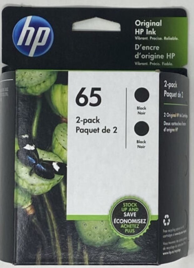 HP 65 Black Ink Cartridge Twin Pack 1VU22AN 2 x N9K02AN Exp 2027+ OEM Retail Box