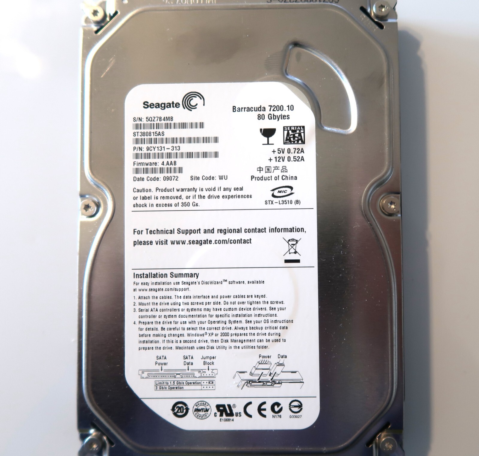 Seagate ST380815AS 9CY131-313 4.AAB WU (5QZ7) China 80gb 3.5" Sata HDD AUG.2008