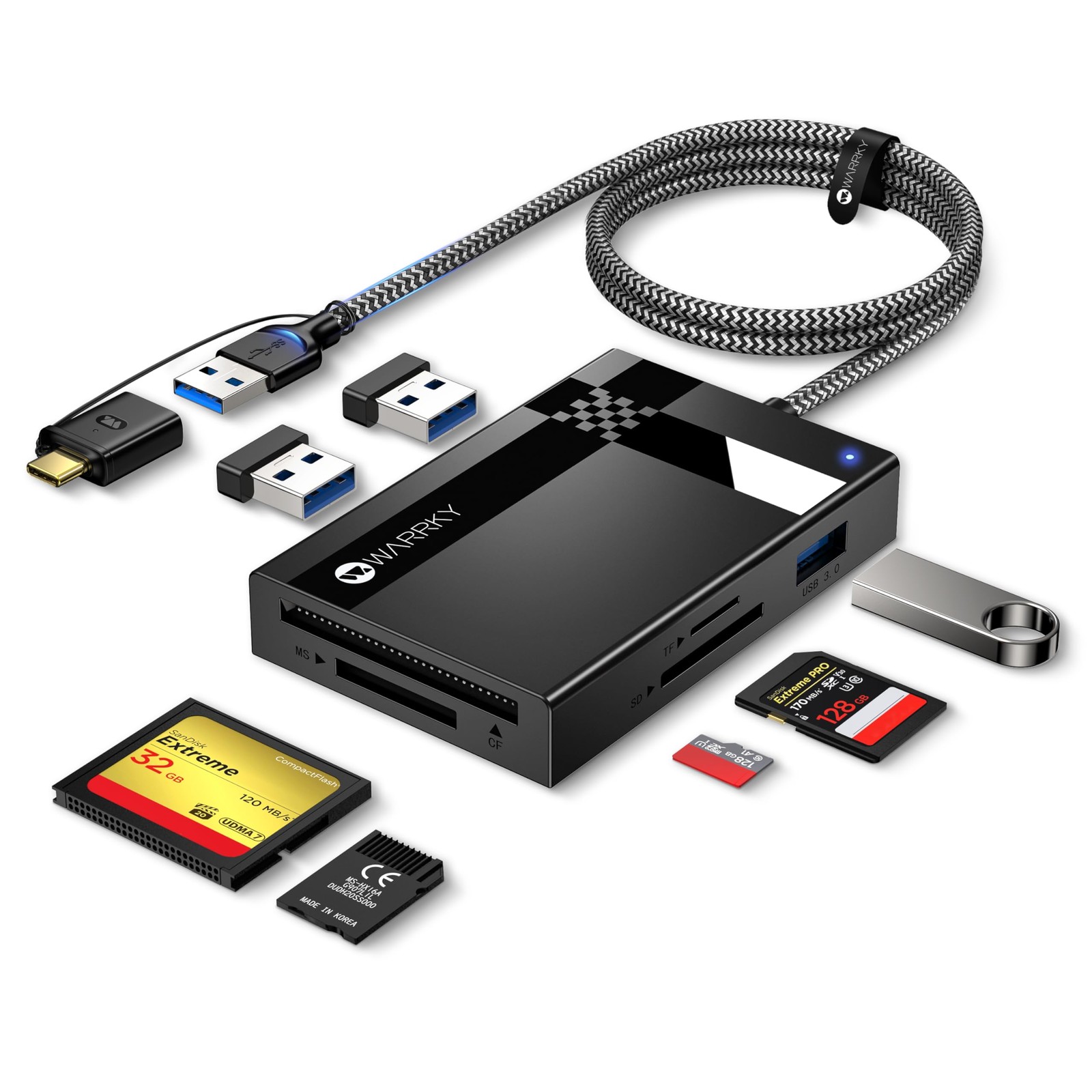 SD Card Reader 7 in 1, [Dual Connector USB3.0, 2.5FT Nylon Cable]