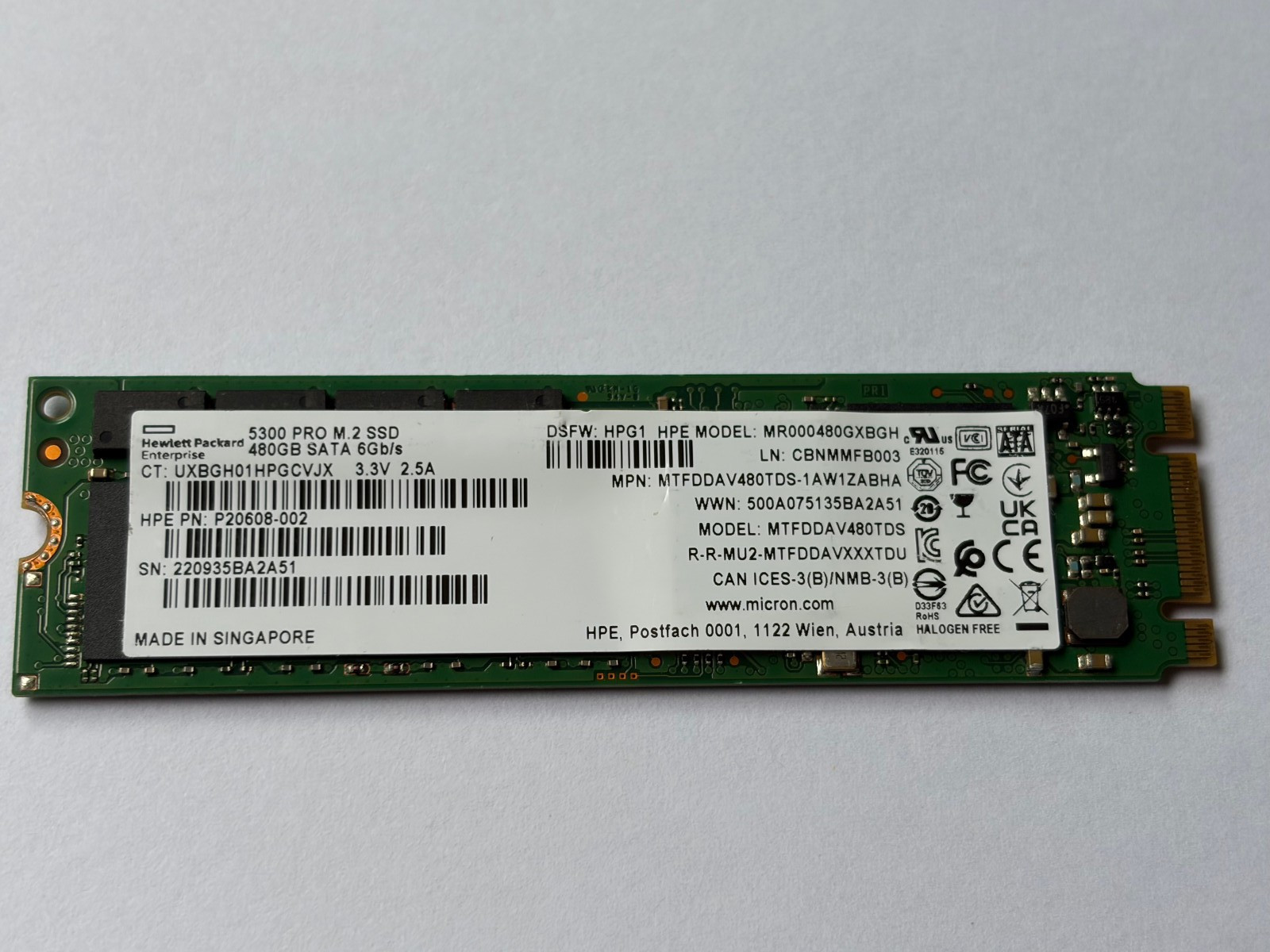 HPE Micron MTFDDAV480TDS 5300 Pro 480GB M.2 2280 6G/s SATA Solid State Drive SSD
