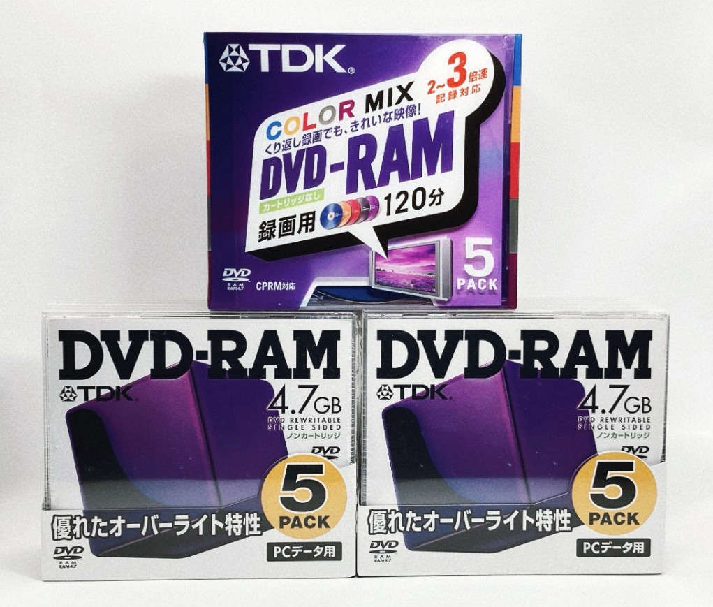 TDK DVD-RAM 4.7GB 15 Discs 5-Pack Sets Non-Cartridge COLOR MIX New Sealed Japan
