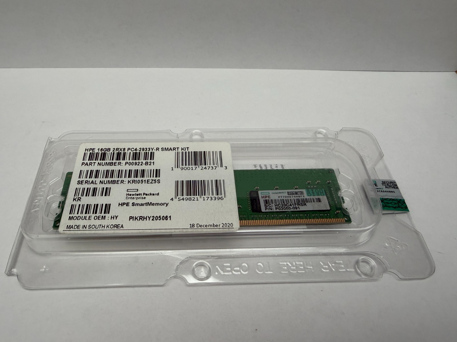 NEW P03050-091 HPE 16GB (1X16GB) 2Rx8 PC4-2933Y Server Memory P00922-B21