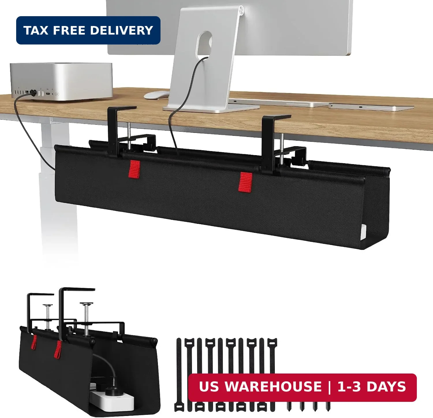 Univivi No Drill Under Desk Cable Management Tray, 28 inch Cable Management