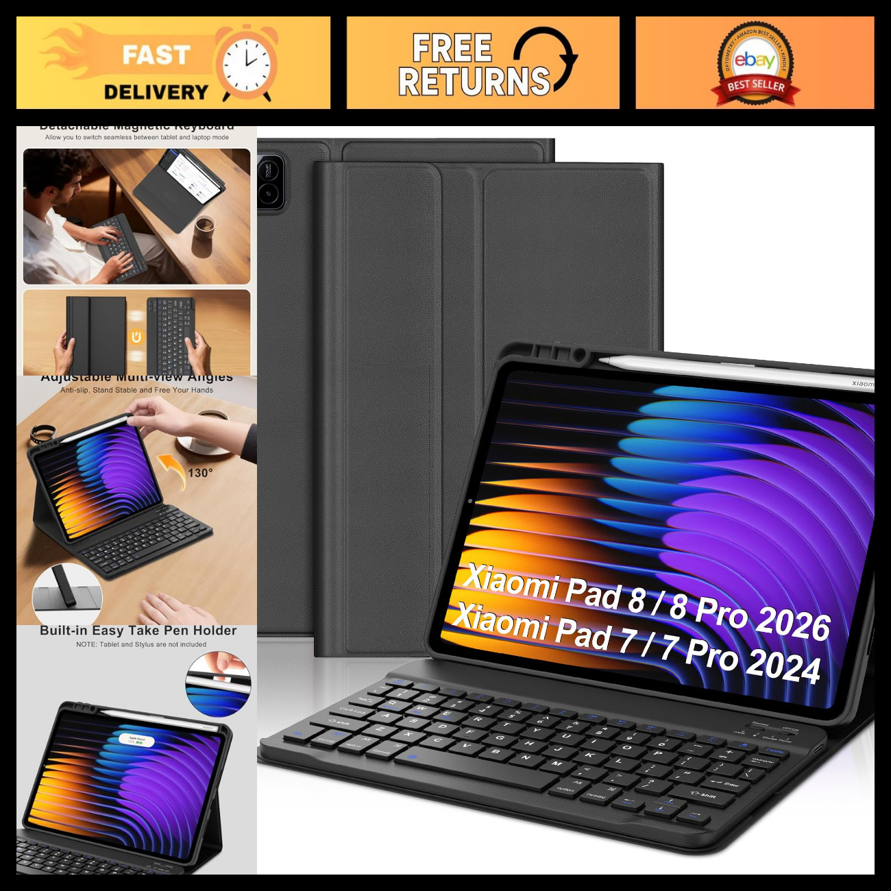 Detachable Keyboard Case for 11.2" Xiaomi Pad 8/8 Pro/7, Smart Folio Cover, Pen