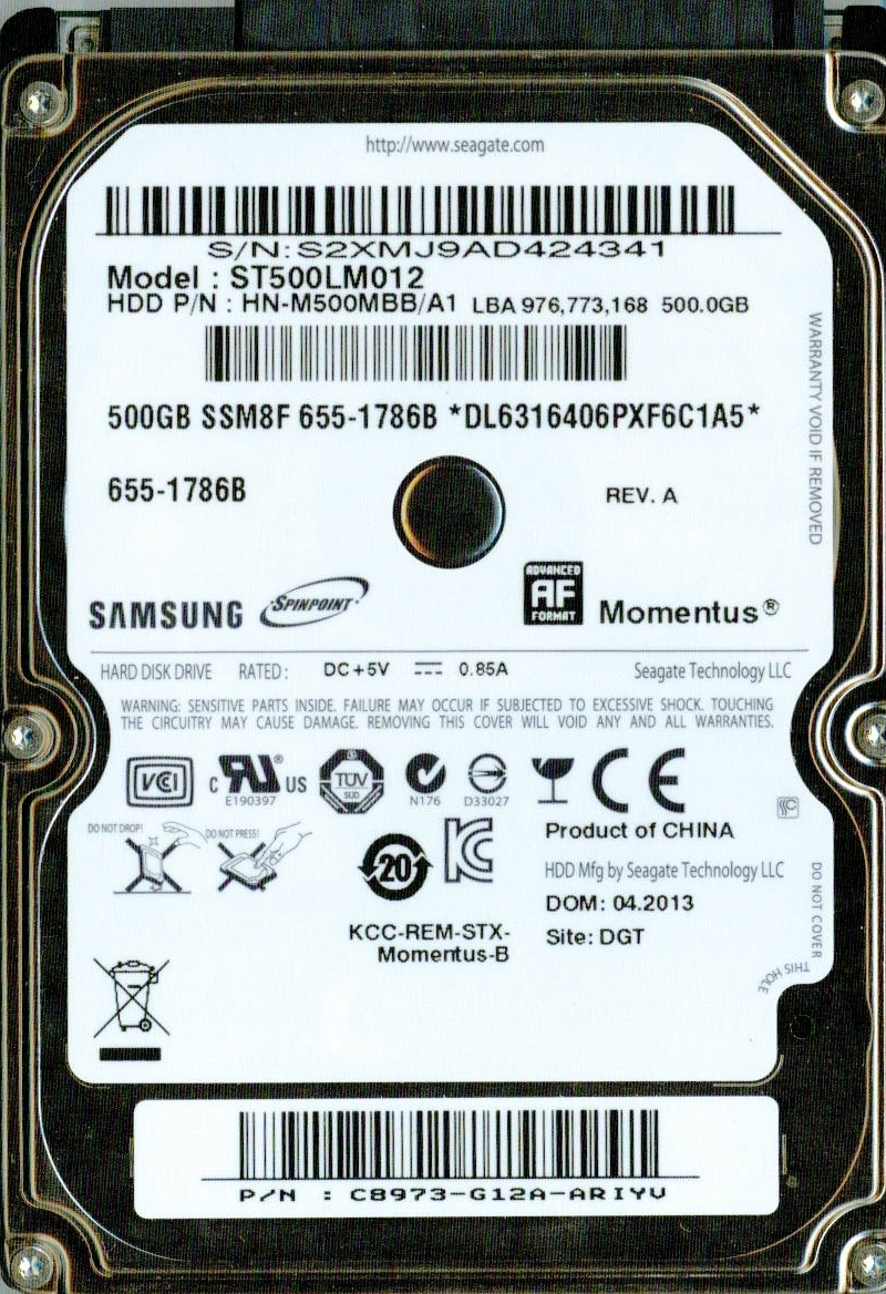 SAMSUNG ST500LM012 500GB, HN-M500MBB/A1,  C8973-G12A-ARIYV, REV. A