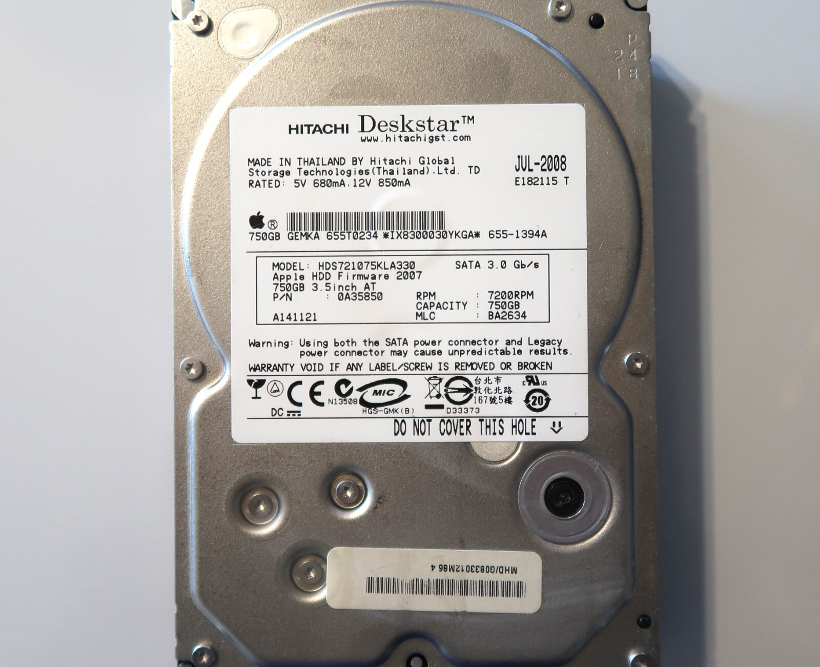 Hitachi HDS721075KLA330 0A35850 BA2634 Apple#655-1394A 750gb 3.5" Sata JUL-2008