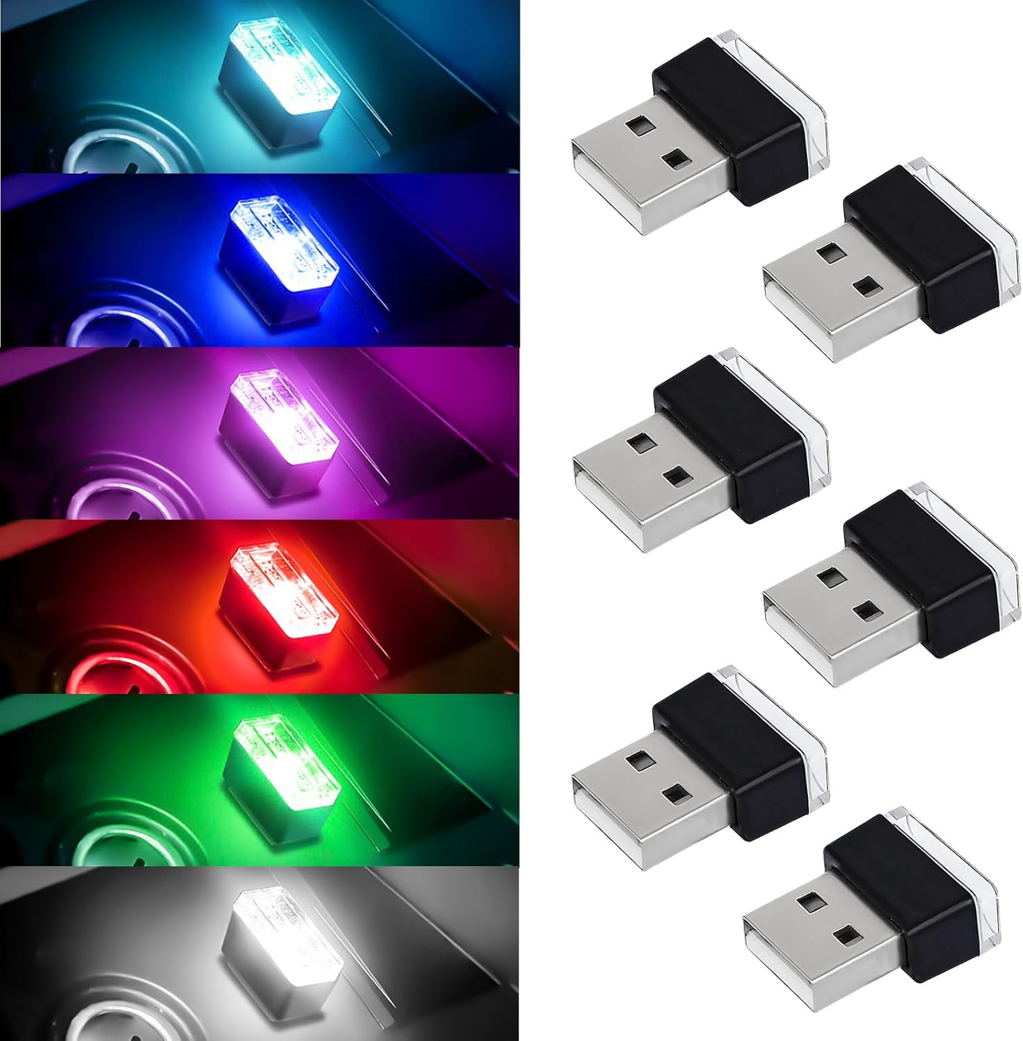 6 PCS USB LED Car Interior Atmosphere Lamp, Portable Mini Auto LED Decor Night L