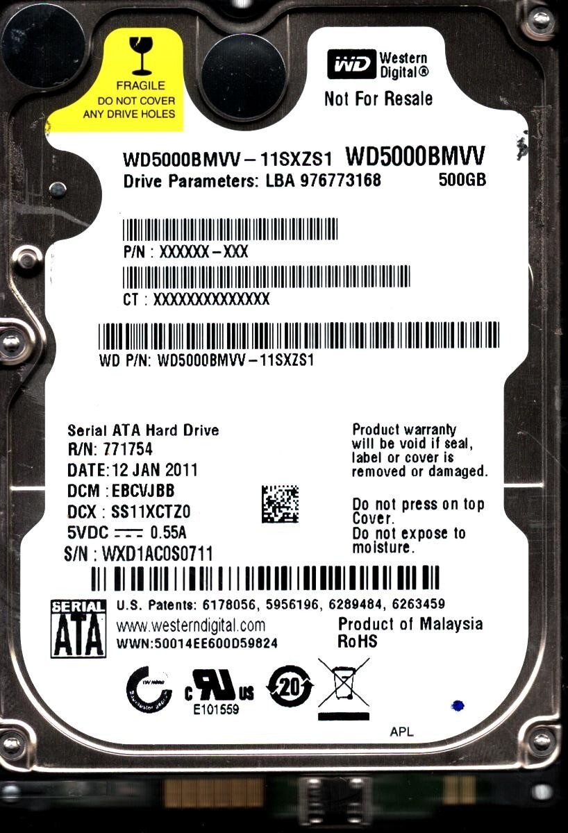 WD5000BMVV-11SXZS1 S/N: WXD1 DCM EBCVJBB WESTERN DIGITAL 500GB MALAYSIA JAN 2011