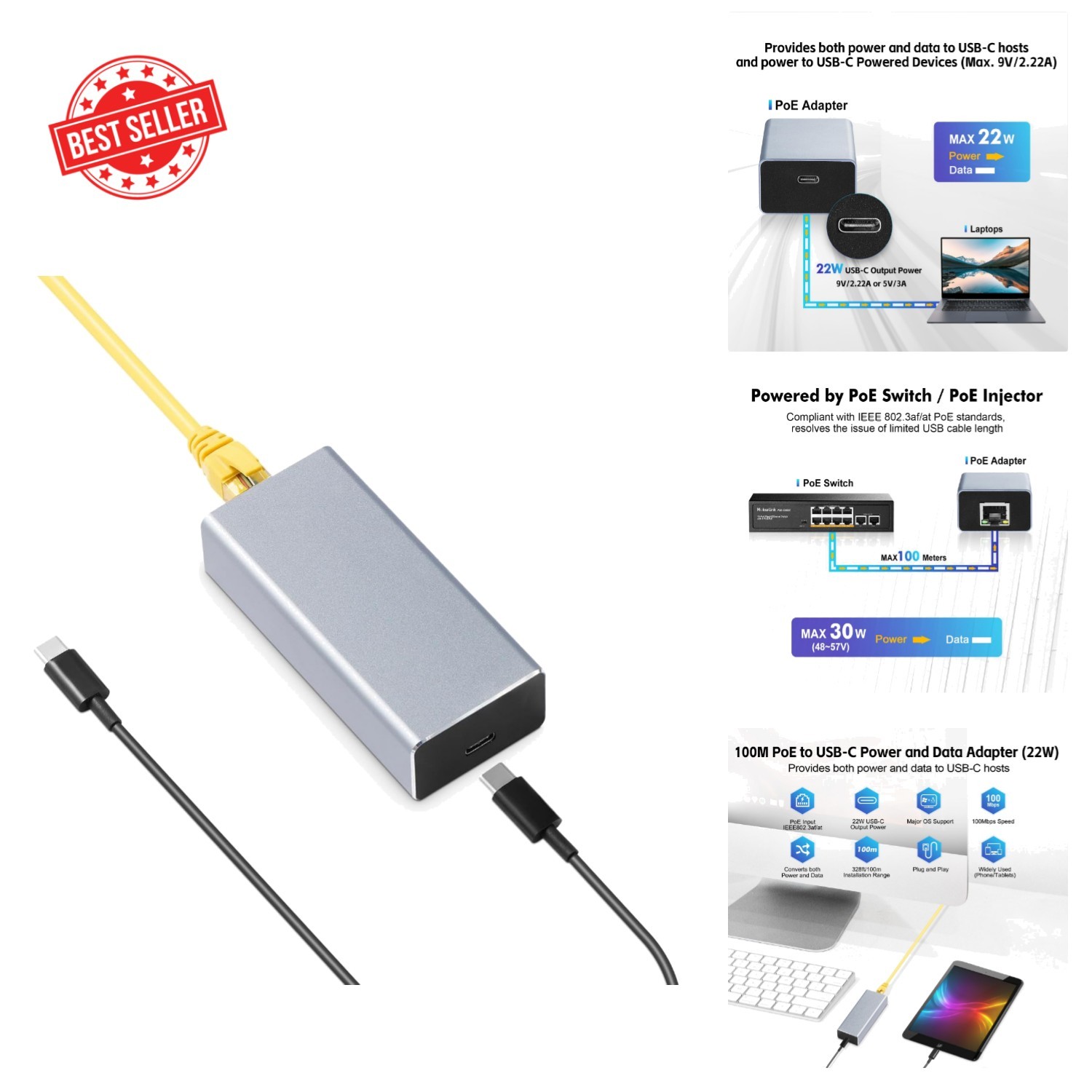 PoE to USB-C Adapter: 5V/3A or 9V/2.22A, Ethernet 10/100Mbps - For All Devices