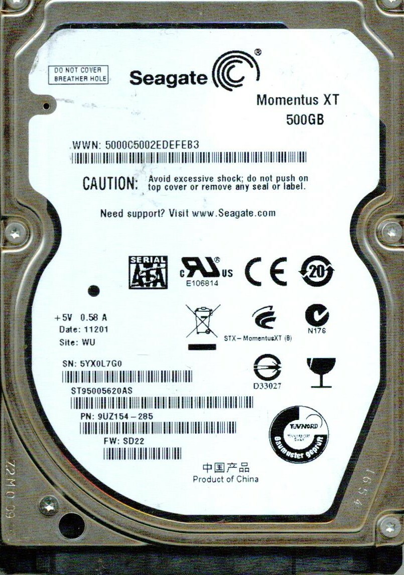 ST95005620AS,   9UZ154-285,   SD22,  WU,  5YX0  SEAGATE SATA 500GB  11201