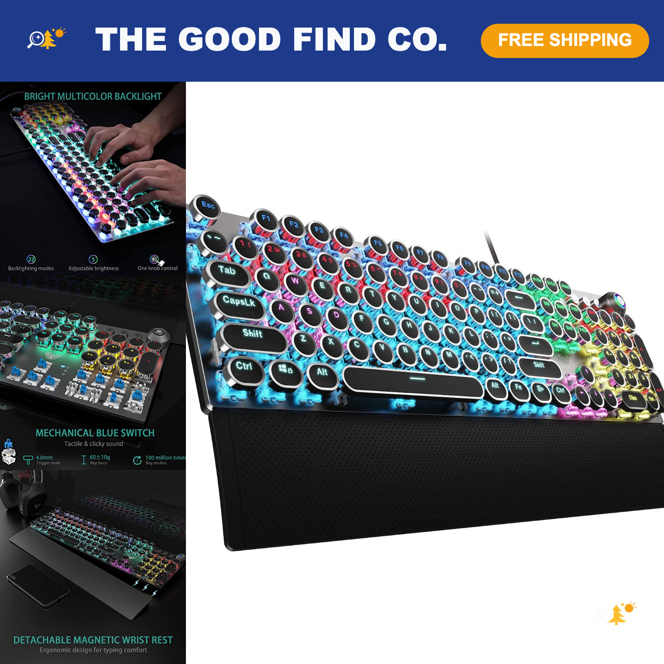 Typewriter Style Mechanical Gaming Keyboard Wired, 104 Keys, RGB Backlit, Durabl