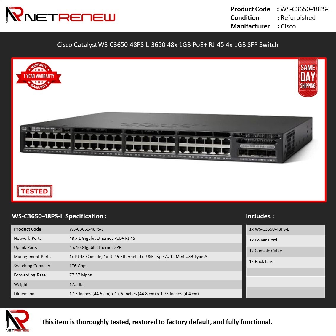 Cisco WS-C3650-48PS-L Catalyst 3650 48x 1GB PoE+ RJ-45 4x 1GB SFP Switch