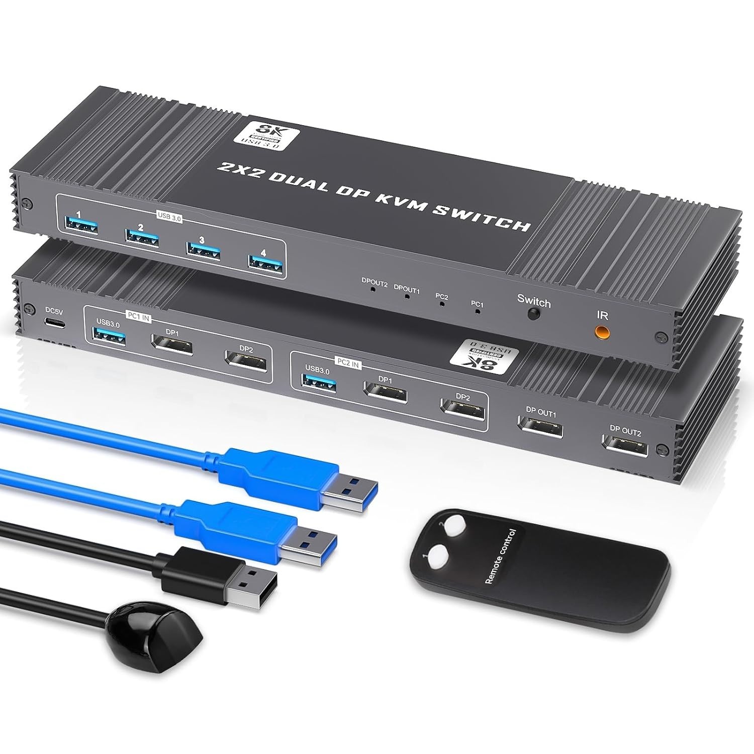 8K KVM Switch 2 Monitors 2 Computers Displayport, DP+DP 4K@120Hz USB3.0 Dual Mon