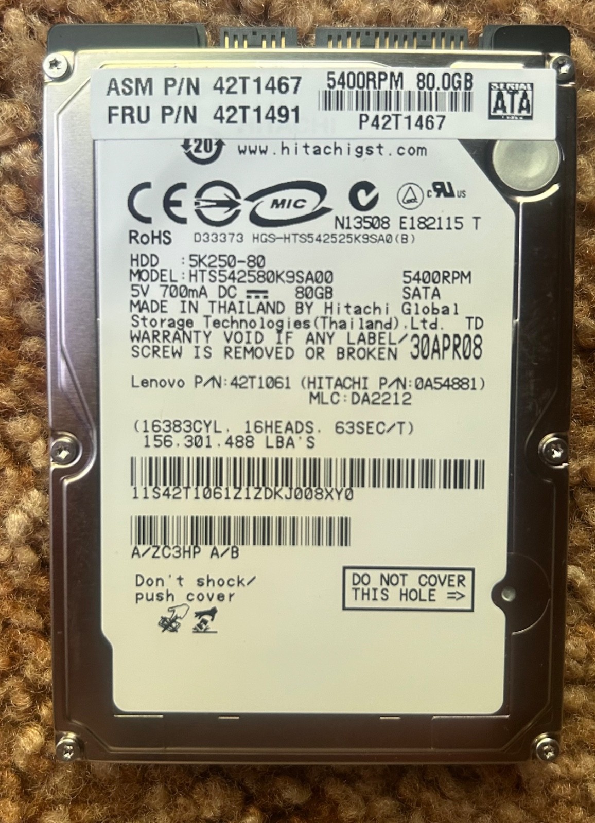 Hitachi 500GB 16MB 5400RPM 2.5” SATA LapTop  hard drive HTS542580K9SA00 Open Box