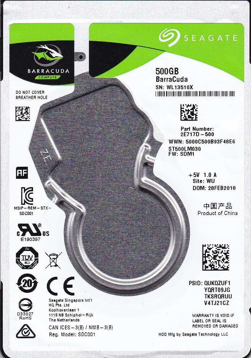 Seagate ST500LM030 pn: 2E717D-500  fw: SDM1 WU 2018 s/n: WL1 500GB SATA 2.5 8003