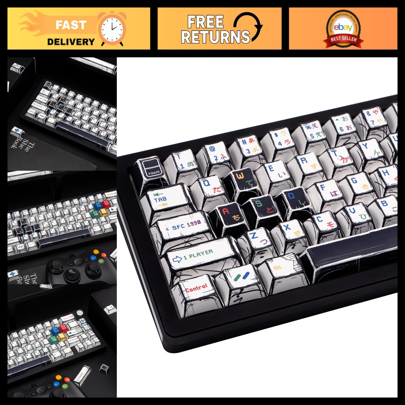 Pixel Game Theme Black & White Manga PBT Keycaps for Mechanical Keyboards