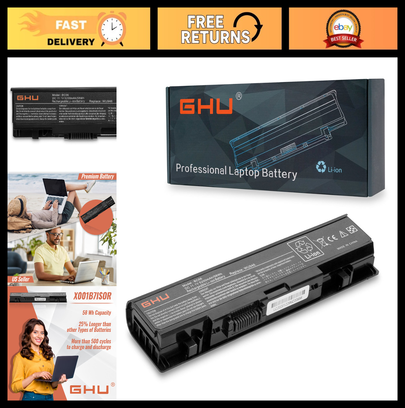 6 Cell 58Wh Laptop Battery Replacement for Dell Studio 1535 1536 1537 1555 1557