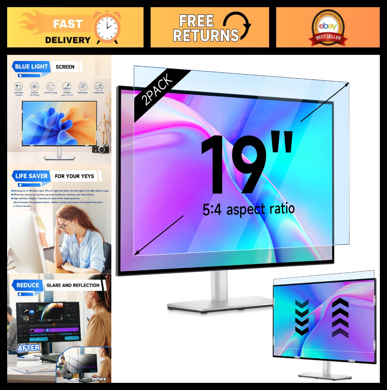 2 Pack 19" Anti-Blue Light Monitor Screen Protector, Matte Anti-Glare Filter, Ey