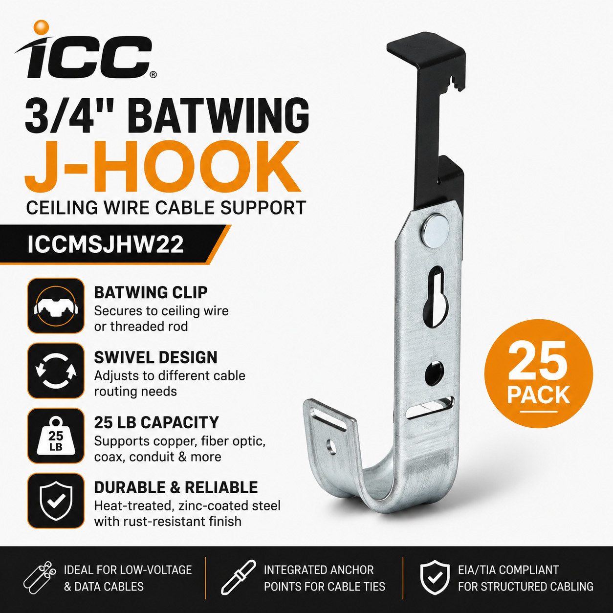 ICC ICCMSJHW22 3/4" Batwing J-Hook Ceiling Wire Cable Support 25 Pack Zinc Steel