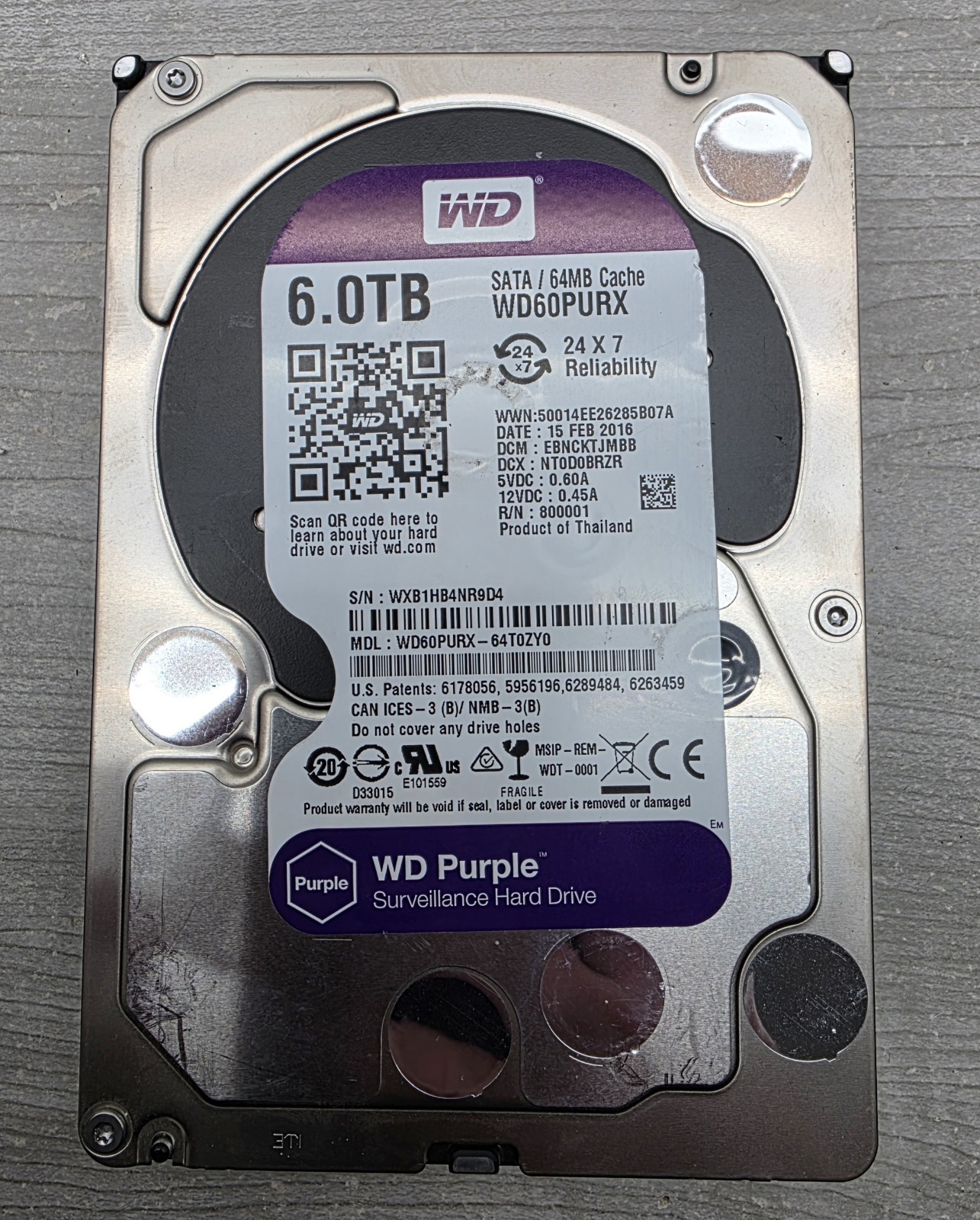 WD Purple WD60PURX-64T0ZY0 6TB 5.4K 3.5" SATA Surveillance Hard Drive