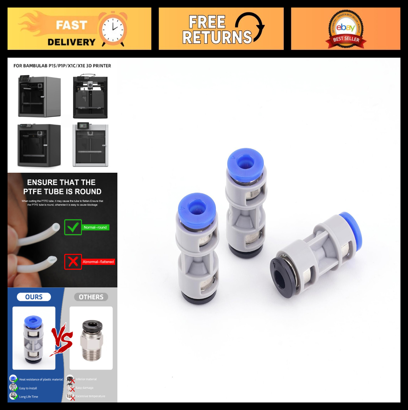 3pcs PTFE Tube Adapter Set for Bambu Lab 3D Printers - Plastic & Metal Connector