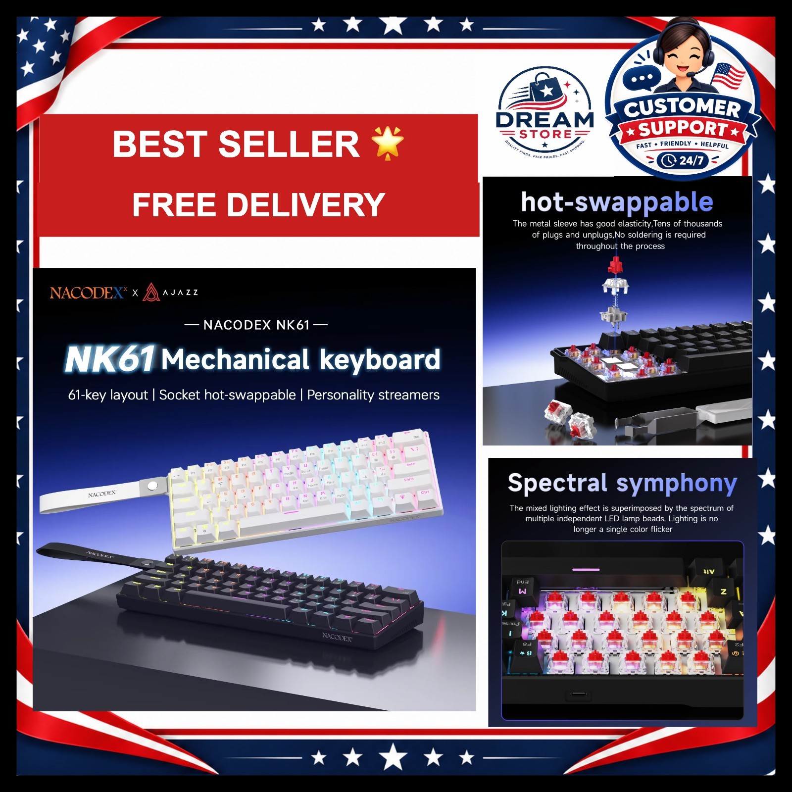 AJAZZ NK61 Wired Gaming Mechanical Keyboard 60% RGB Hot-Swappable 61 Keys Red