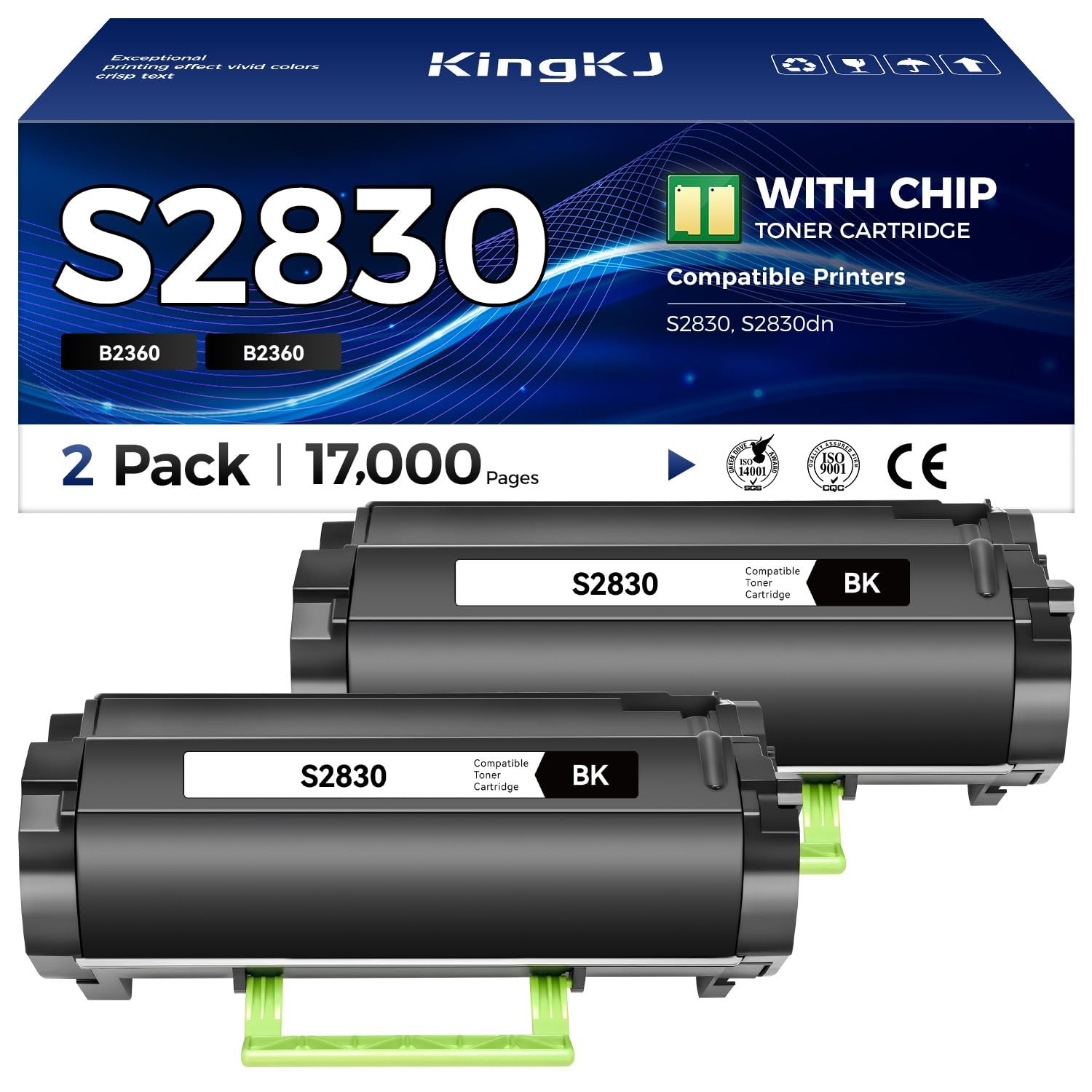 KingKJ S2830 High Yield Black Toner Cartridge 2-Pack Replacement for Dell GGCTW