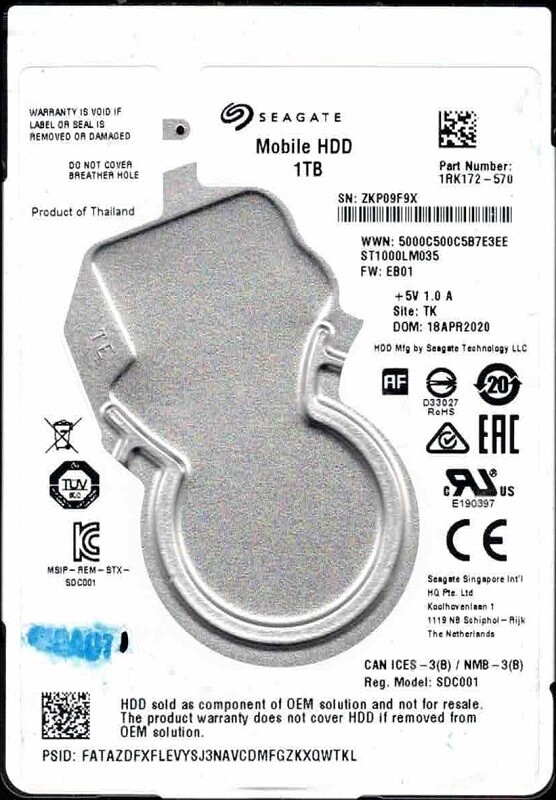 ST1000LM035 P/N: 1RK172-570 F/W: EB01 TK ZKP0 APR 2020 Seagate 1TB