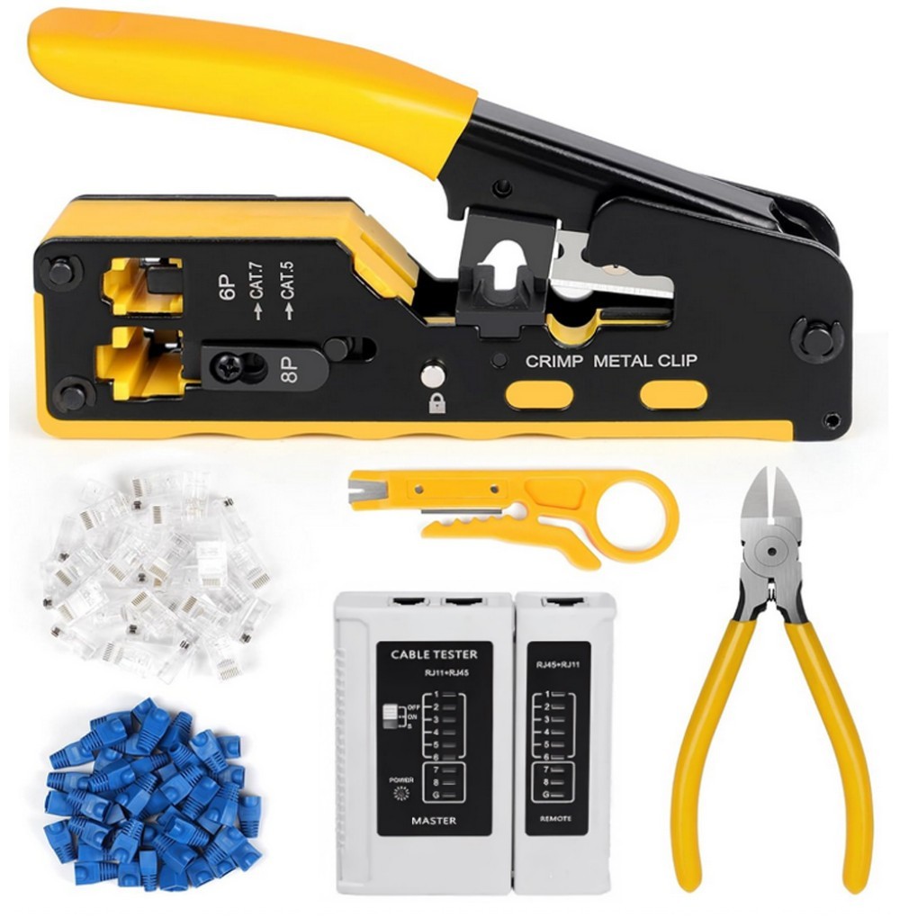 RJ45 Crimp Ethernet Pass through Crimper Crimp Tool Kit Network Cat5 Cat6 Cat7