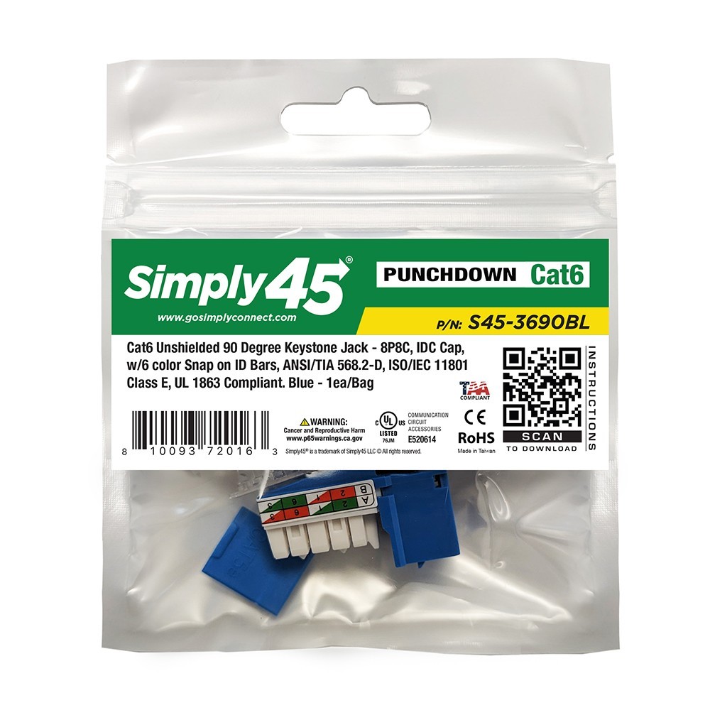 25-Pack S45-3690BL Cat6 UTP Blue Keystone Jacks 110 Style, UL Listed