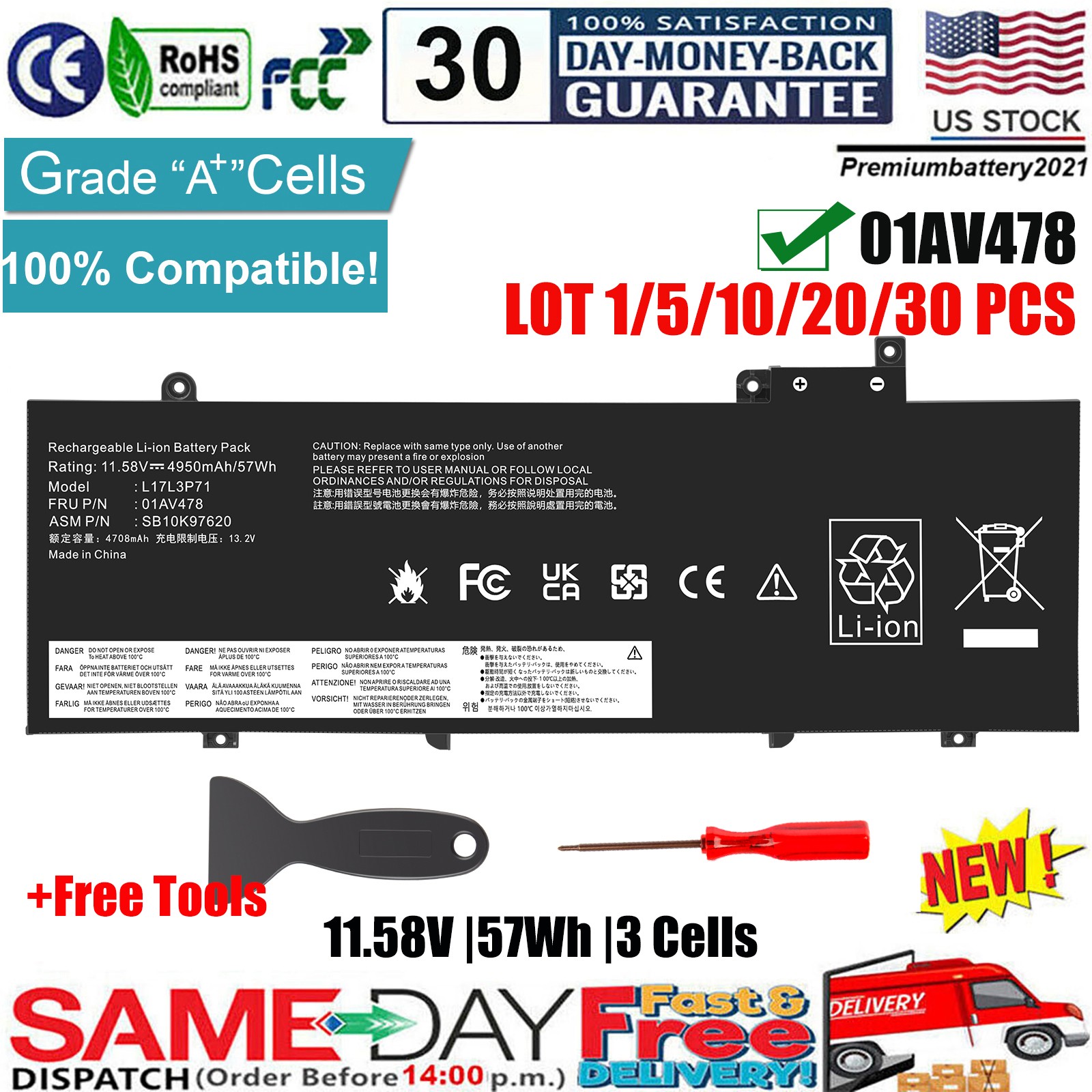 ✅LOT 1-30 01AV478 Battery For Lenovo ThinkPad T480s L17L3P71 L17M3P71 L17M3P72