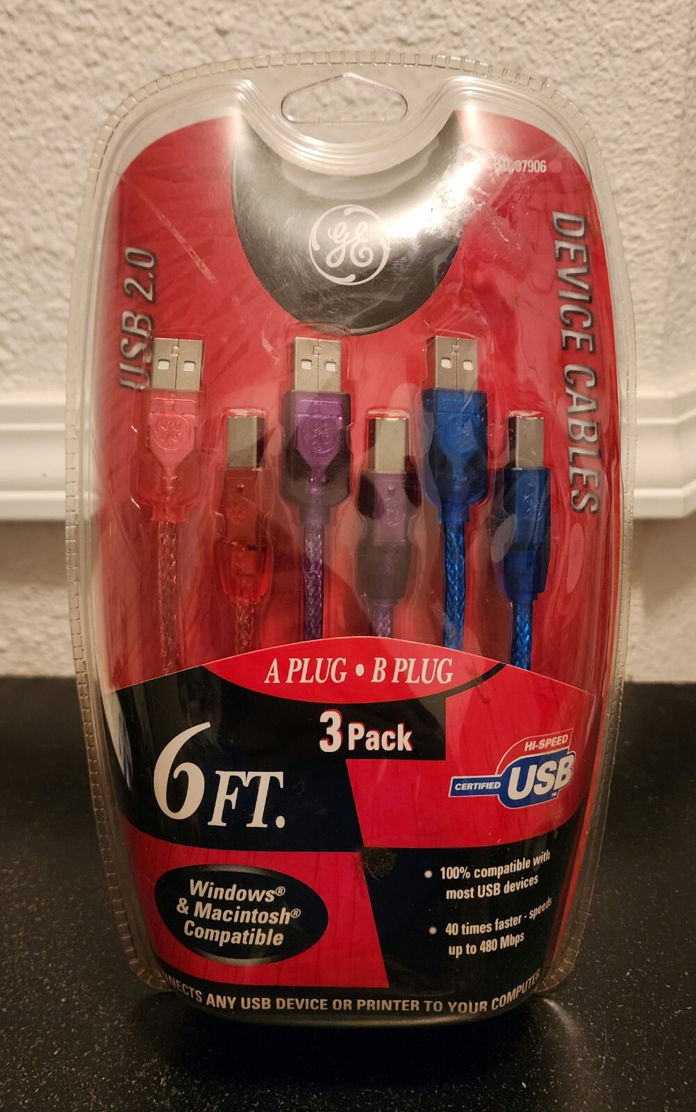 GE USB 2.0 6 Ft Wi Dows & Mac Printer Device Cables 480 MPS 3 Pack A B Plug