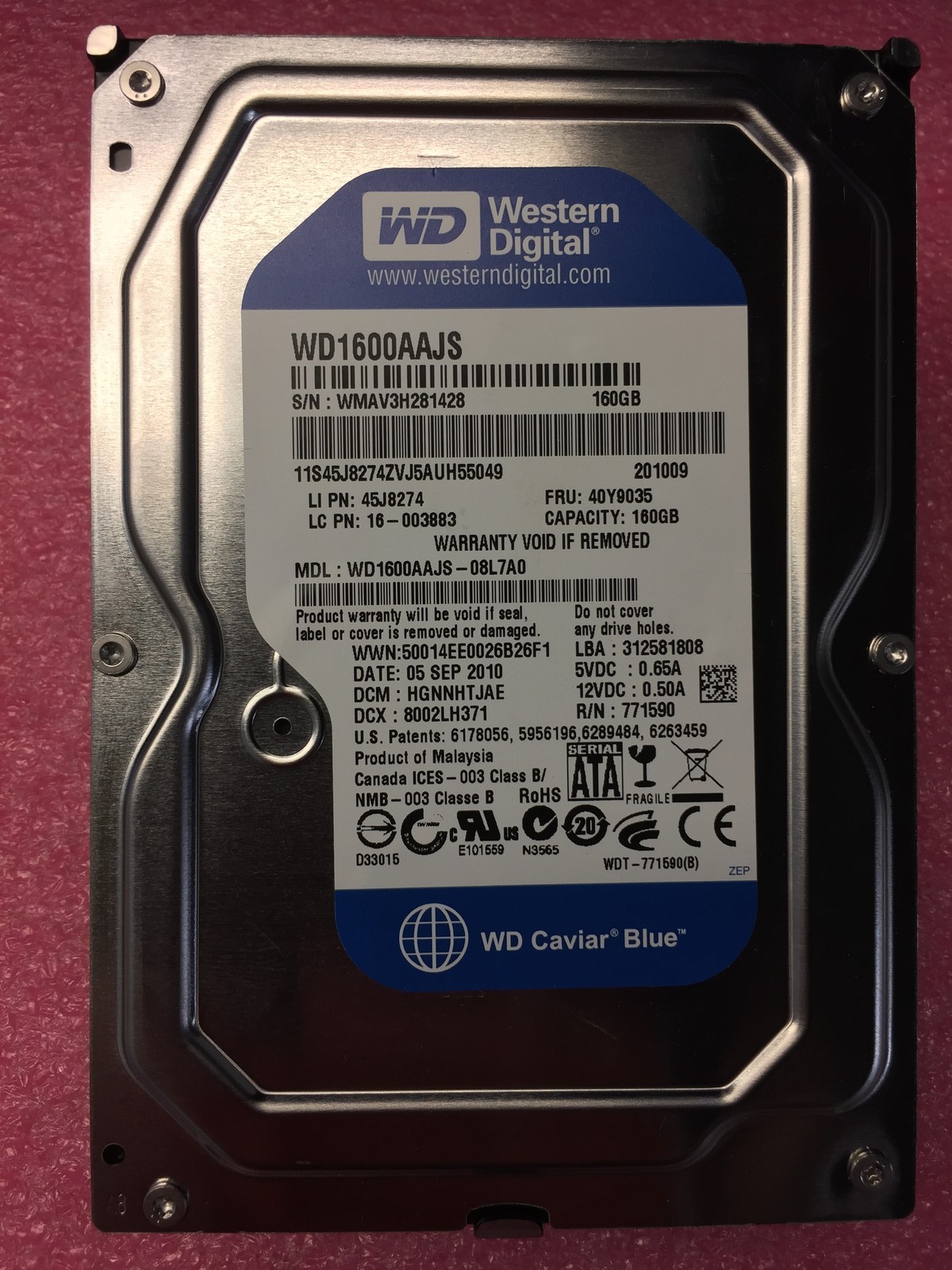 Western Digital WD1600AAJS-08L7A0 160GB, Internal Hard Drive used