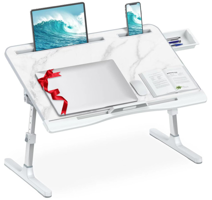 Laptop Bed Desk, Adjustable Lap Desk with Drawer, Foldable Bed Table (Marble)