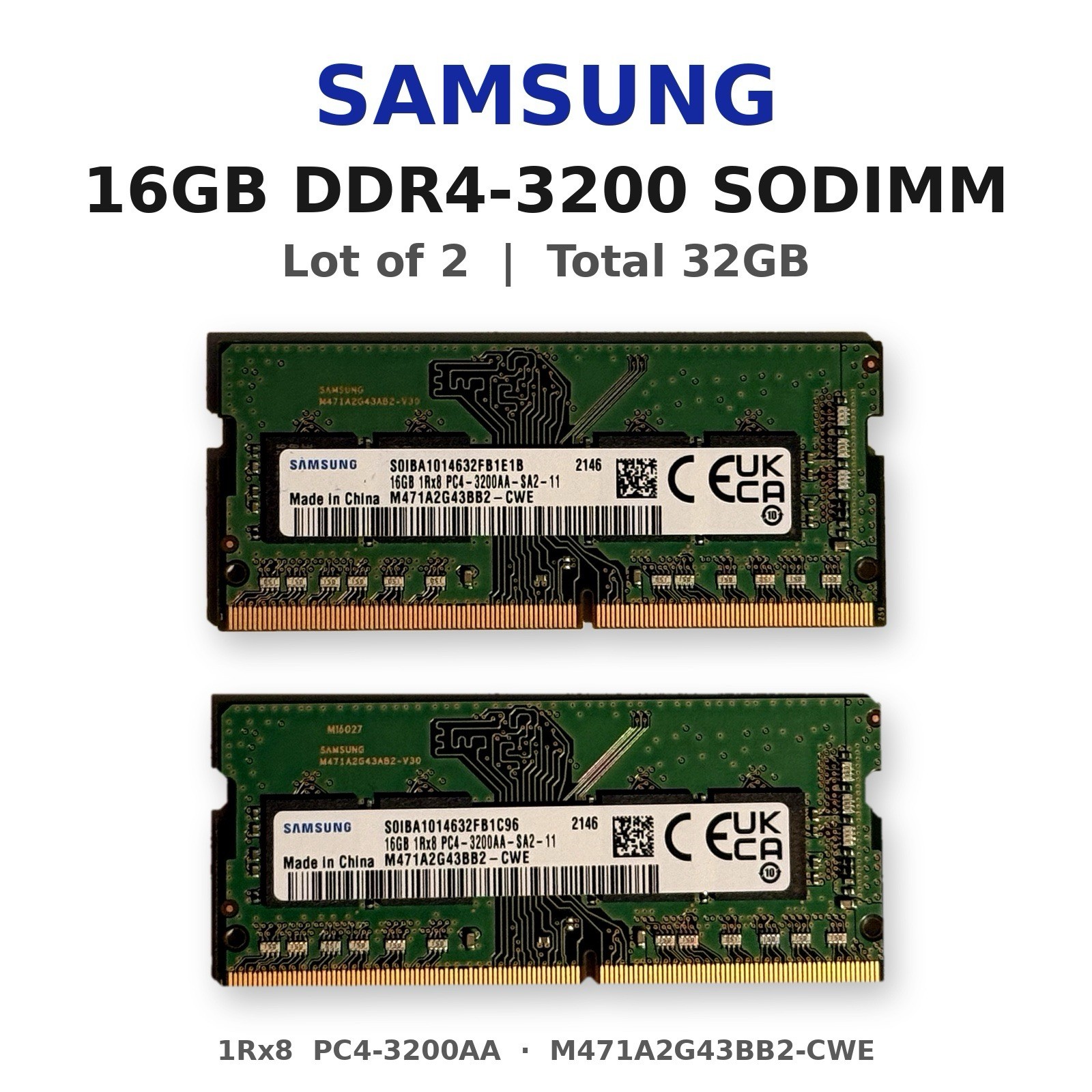 Lot of 2 Samsung 16GB 1Rx8 PC4-3200AA DDR4 SODIMM M471A2G43AB2-CWE 32GB