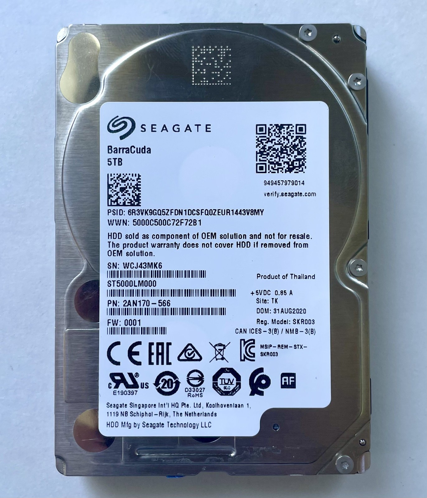 Seagate BarraCuda 5TB 2.5" SATA HDD ST5000LM000 100% Health PN 2AN170-566 Wiped