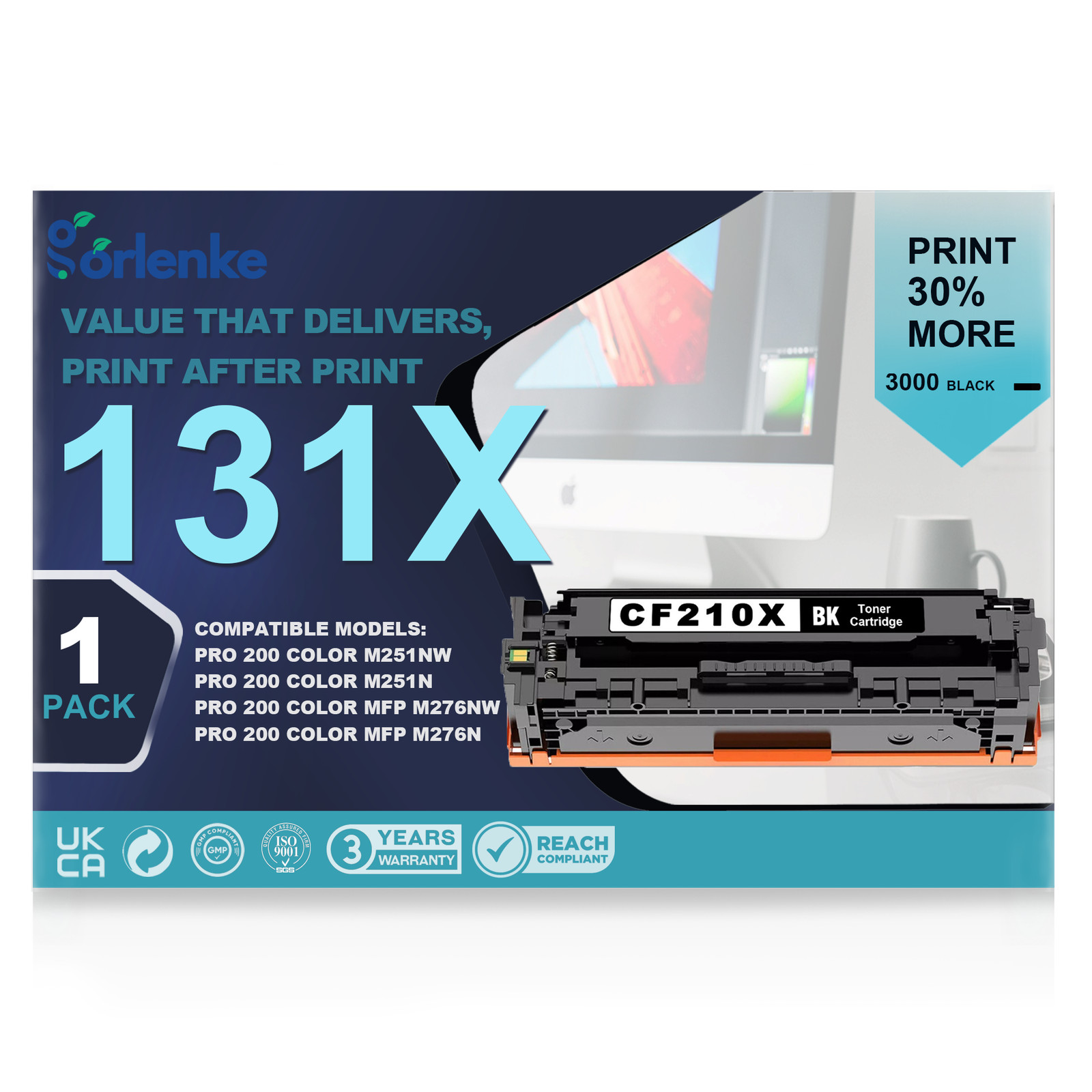 1-Pack 131X CF210X Black Toner with Chip for LaserJet Pro Printer M276n M276nw
