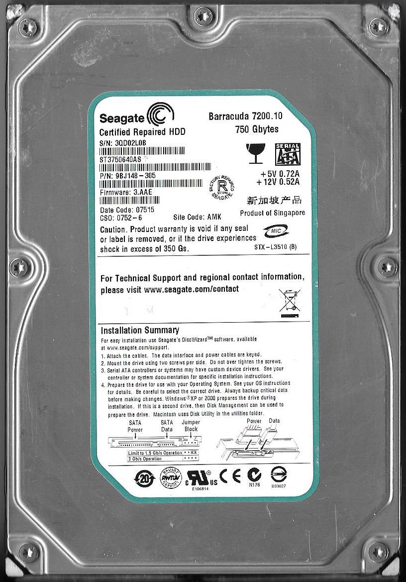 SEAGATE BARRACUDA ST3750640AS 750GB SATA HARD DRIVE P/N: 9BJ148-305  3QD  AMK